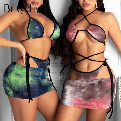 2021 Tie Dye Brown Bikini 3 Piece Swimsuit Set Designer Swimwear Cover Ups Women Thong Bathing Suit Strapless Satin Biquini