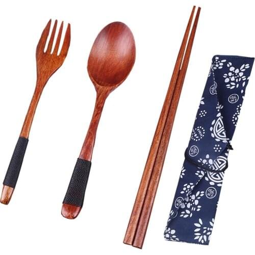 4Pcs/set Japanese Portable Wooden Flatware Set (Binding Wire, Fork, Spoon, Chopsticks Included)