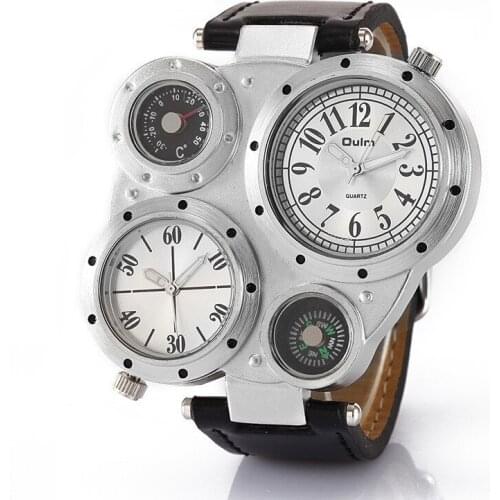 Authentic OULM 9415 Mens Dual Time Compass Watch Leather Band Big Face Casual Quartz Watches Montre Homme de Marque Boussole