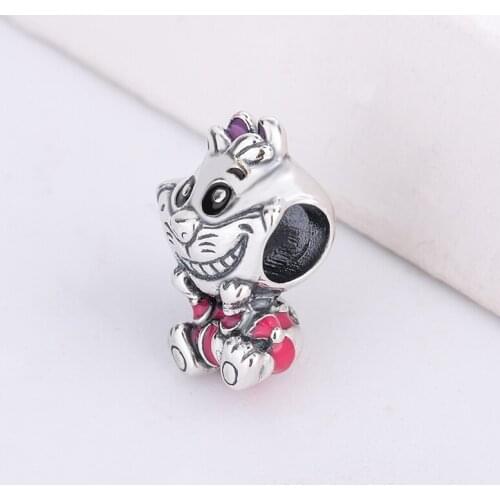 925 Sterling Silver Animal Cartoon Kitten Story Mysterious Smile Striped Clothes Purple Black And Pink Beads Charm Bracelet