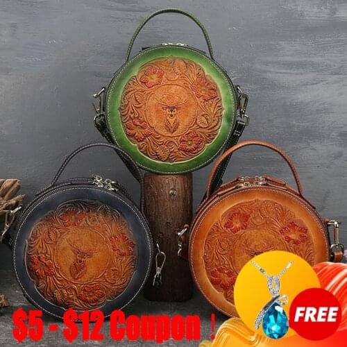 CGA 2021 New Retro Handmade Embossed Bag For Women Genuine Leather Circular Small Shoulder Bag Luxury Cowhide Lady Handbag