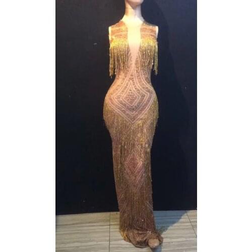 Gold fringed sleeveless long dress nightclub bar female singer DJ guest gogo costume