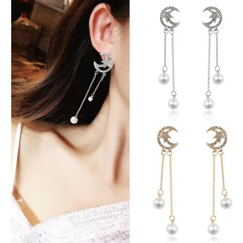 Exquisite Moon Crystal Star Earrings Pearl Tassel Sling Beads Female Earrings Wedding Party Korean Jewelry Goddess Festival Gift