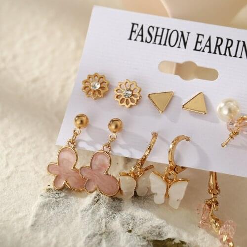 Fashion Creative Earrings Butterfly Pink Crystal Earings Set Geometric Pearl Studs Bohemian Dangle Ear Ring Jewelry Accessories
