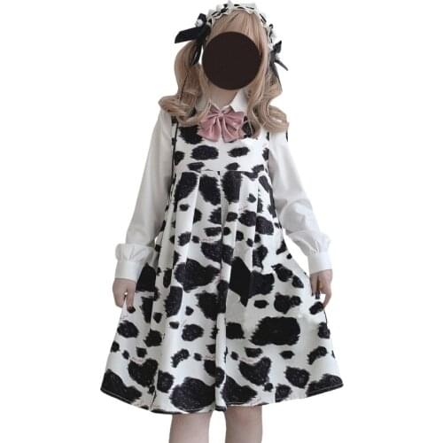 Kawaii Milk Cow Print Sleeveless Dress Teens Harajuku Lolita Cute Overalls Japanese Soft Girls Casual Pleated Uniform Sundress