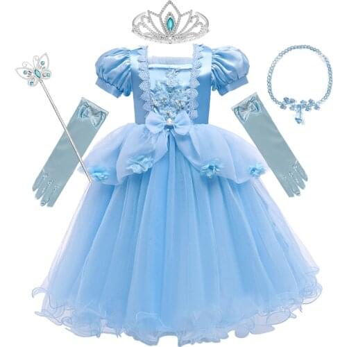 Princess Cinderella Dress for Girls Kids Christmas Halloween Dress Up Costume Party Elegant Dresses with Jewelry