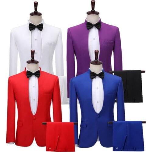 Stage men suit set with pants mens wedding suits fashion singer slim formal dress mens groom suit stand collar red blue white