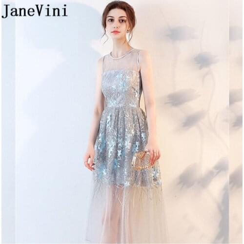 JaneVini 2018 Sexy See Through Tea-Length Women Wedding Party Dress Bridesmaid Dresses Long Blue Lace Girls Summer Casual Gowns