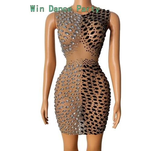 Silver Big Stones Sleeveless Transparent Pencial Dress Birthday Celebrate Stretch Mesh Stage Dancer Bar Singer Dress
