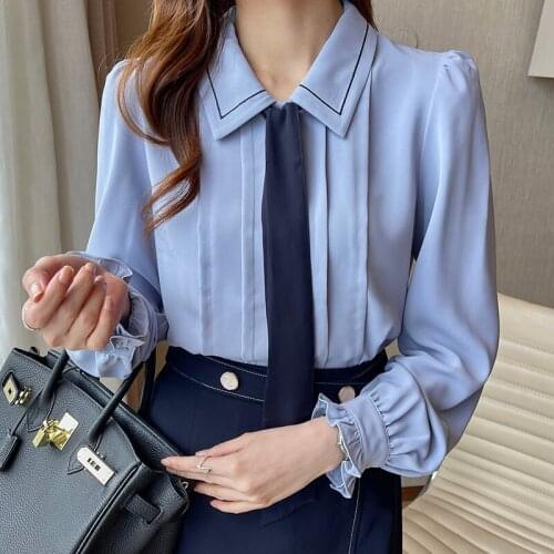 Chikichi Tie with Chiffon Long-sleeved Design Shirt Niche Shirt 2021 Autumn Dress New Feminine Button Up Shirt Top Plus Size