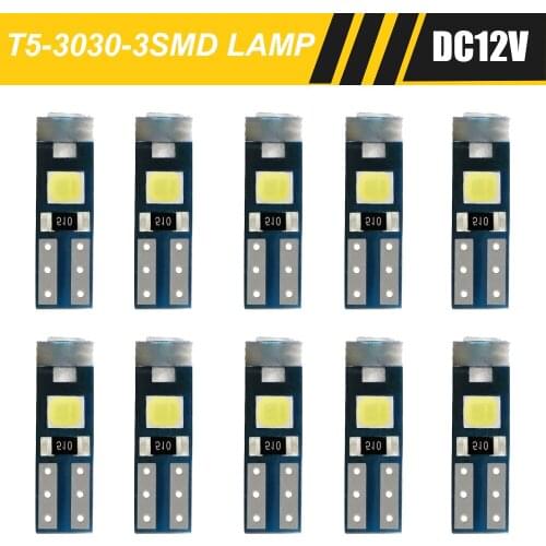 10Pcs T5 Led Bulb 3 SMD 3030 W3W W1.2W Auto Car Dashboard Instrument Panel Lamp Warning Indicator Wedge Interior Light 12V