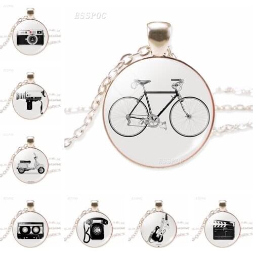 Vintage Black White Bicycle Camera Guitar Phone Glass Convex Dome Silver Plated Metal Necklace Fashion Jewelry Pendant Gift