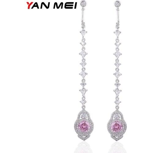 YAN MEI 2018 Women Long Flower AAA CZ Dangle Earrings Luxury Jewelry GLE5398Y