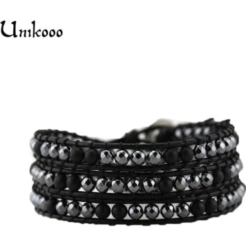 Women Black Natural Stone Wrap Leather Bracelet Hematite Handmade Wax Cord Wrap Bracelet Multi Layered Vintage Beads Bracelet