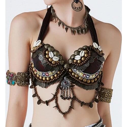 2019 New Tribal Belly Dance Push Up Beaded Bra B/C Cup Vintage Gypsy Bra with Coins and Shells
