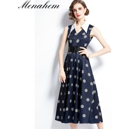 Menahem Women Fashion Sleeveless V Neck Dots Print Stitching Nave Blue Long Femme Vestido Sashes Contrast Casual Runway Dress