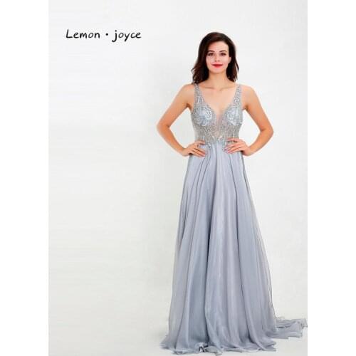 Lemon joyce Sexy Evening Dresses Long 2020 V-Neck Beading Sleeveless Backless Gray Chiffon Party Evening Gowns Plus Size