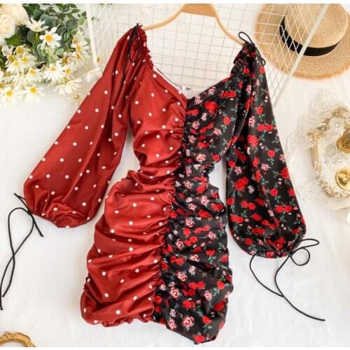 Womens spring summer long sleeve sexy deep v neck backless dress female high waist flower print slim short dress TB797