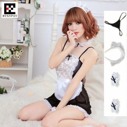 Women Sexy Lingerie Maid Cosplay Dress Suit Shoulder Strap Lace Dress+Thong+Apron+Hair clip+Wristband+Collars Erotic Underwear