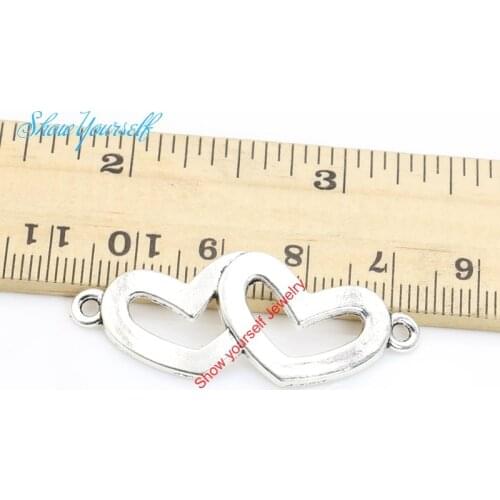 6ps Antique Silver Plated Double Heart Connectors Pendant Making Findings Accessories DIY Handmade Craft 41x16mm