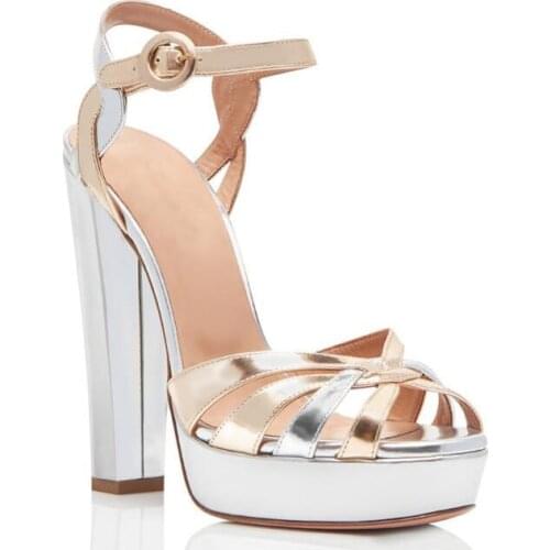 Newest Gold and Sliver Patent Leather Platform Sandals Women Peep Toe Strappy Chunky Heel Gladiator Sandals Ladies Dress Shoes