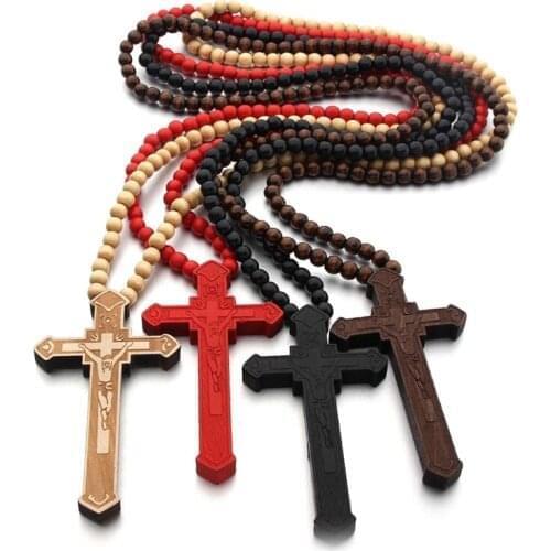 Catholic Cross Necklace with Wooden Beads Rosary Religious Wear Jesus Carved Crucifix Pendant Chain Christian Prayer Gifts