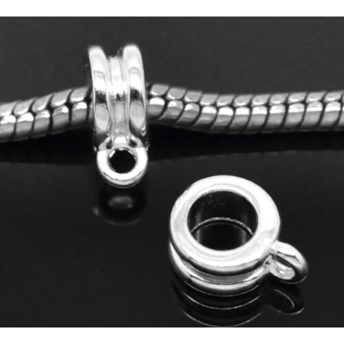 DoreenBeads European Style Bails Beads Round Silver Plated DIY Making Bracelets Necklace Jewelry Findings 10mm x 8mm, 50 PCs