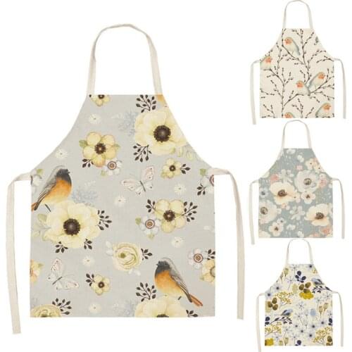 Bird Flower Branch Printed Kitchen Aprons for Women Household Cleaning Accessories Cotton Linen Cooking Apron
