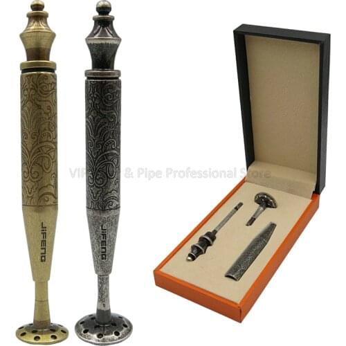 JIFENG 2 In 1 Vintage Silver And Gold Flower Carved Arabesque Pattern Tobacco Tamper Pipe Cleaning Tool