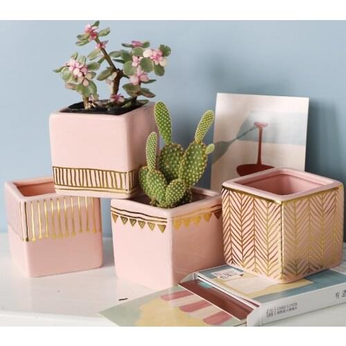 Creative Pink Gold Rim Small Square For Succulent Pots Avilable Thicken Flower Planters Ceramic Pots Office Decor Vase