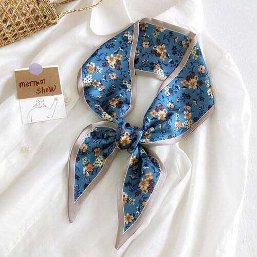 MoriBty Spring-Autumn Women Silk Scarf Wraps Skinny Floral Neckerchief Ties Foulard Femme Hair Ribbon Headbands Luxury Bufandas