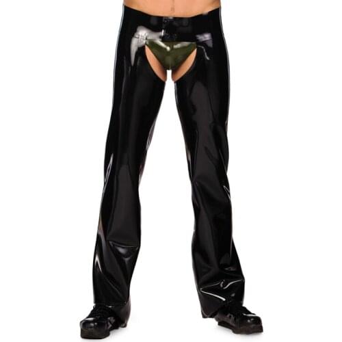 Crotchless design mens black long pants including army green undershorts what is made of 100% natural latex materials