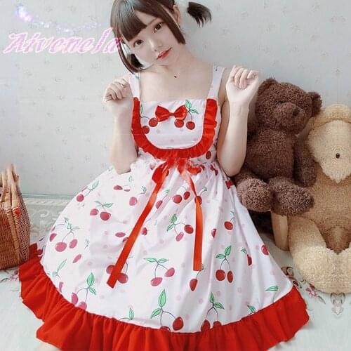 Japanese Lolita JSK Dress Sweet Lolita Female Soft Girls Fungus Women High Waist Strawberry Cherry Ruffle Dresses AFC1239