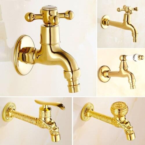 Carved Wall Mount Single Handle Basin Faucet Brass Washing Machine Taps Bathroom Mop Pool Taps Bibcocks Gold Faucet