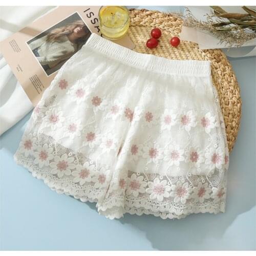 Sexy Lace Daisy Embroidery Hollow Women Safety Shorts Double Layer Anti-light Underskirt Sweet Casual Home Outer Shorts Female