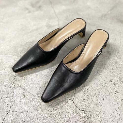 LIHUAMAO square heel mules shoes pointed toe slip on slipper pumps block heels comfortable casual slingback