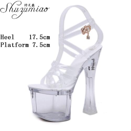 Roman Transparent Cross Belt Model Show Crystal Shoes Sexy Women Thick Heel Super High Heel Sandals 18 CM Clear Pole Dance Shoes