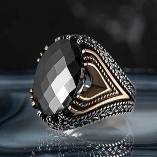 Vintage Black Zircon Stone Men Ring 925 Sterling Silver Ring Made in Turkey