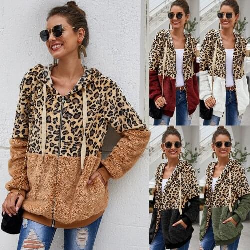 Ymwmhu Leopard Patchwork Women Teddy Coat Autumn Hooded Fluffy Plush Winter Faux Fur Jacket Coat Women Plus Size Overcoat
