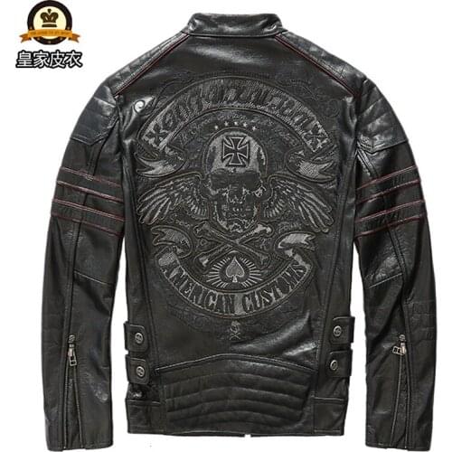 Factory 2020 New Men Back Skulls Motorcycle Cow Leather Jacket Fashion Thick Cowhide Riding Biker Jackets Winter Russia Coats