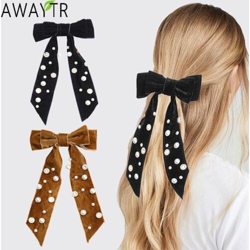 AWAYTR Velvet Ribbon Barrettes Bows Pearl Crystal Girls Solid Knot Hair Clips Hairpins Handmade Hair Accessories Mujer Headwear