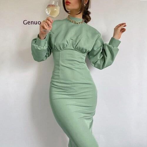 Winter Women Dress Elegant Autumn Midi Dress Long Sleeve Green High Waist Solid Casual Ladies Dresses Tunic 2020