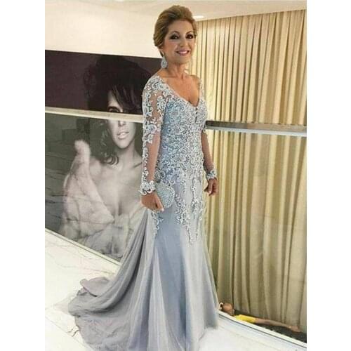 Vintage Long Silver Mermaid Lace Mother of the Bride Dresses with Sleeves Floor Length V-Neck Wedding Party Dresses for Women