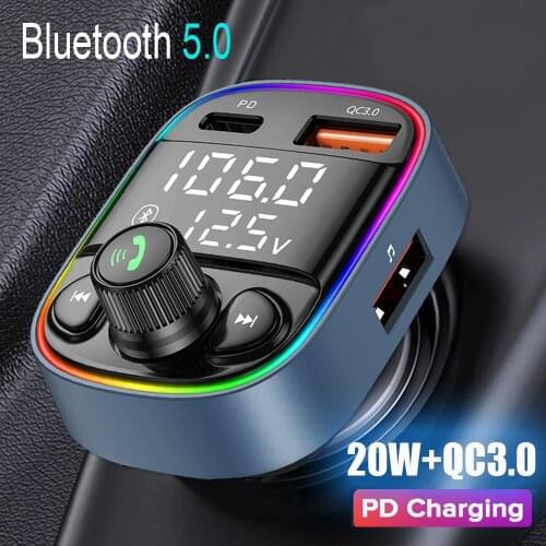 JINSERTA Car Bluetooth 5.0 FM Transmitter Type-C PD20w QC3.0 Dual USB Charger 7-color Atmosphere Light Mp3 Player Lossless Music