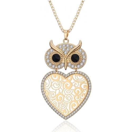 Big Owl Heart Pendant & Necklace Gold Color Hollow Flower Crystal Animal Necklace Long Chain Collar Party Fashion Gift 2021 New