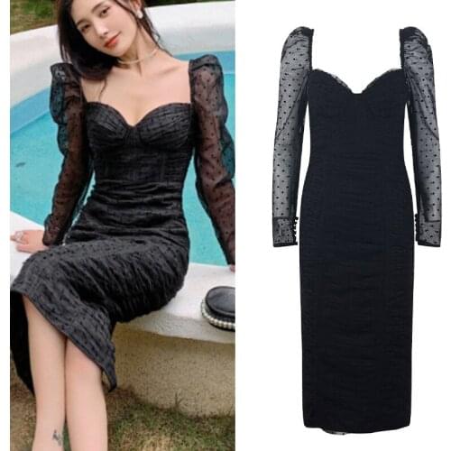 Brand Design Dresses Women Black Midi Dress Mesh Dot Flocking Fashion Party Club Robes Vestidos Elegant Korean Style Clothing
