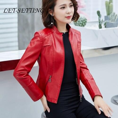 Leather women spring autumn slim new stand collar jacket women short leather jacket