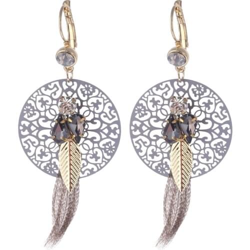 Round Boho Long Earrings Drop Gold Pendientes Fashion Feather Statement Earrings For Women Crystal Dangle Wedding Accessories