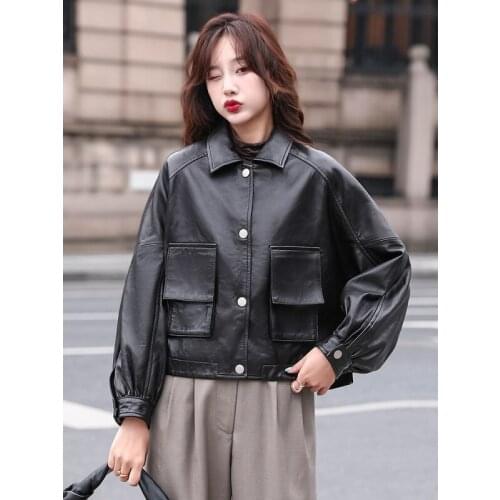 ANYIN sheepskin new Haining leather leather female short 2021 spring and autumn loose leather jacket pure leather jacket