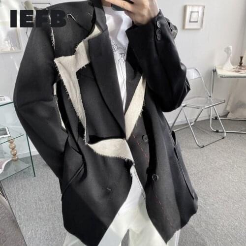 IEFB Autumn New Mens Clothing Deconstruction Niche Design Mens Suit Coat With Rough Edge Color Block Patchwork Blazers 9Y5278